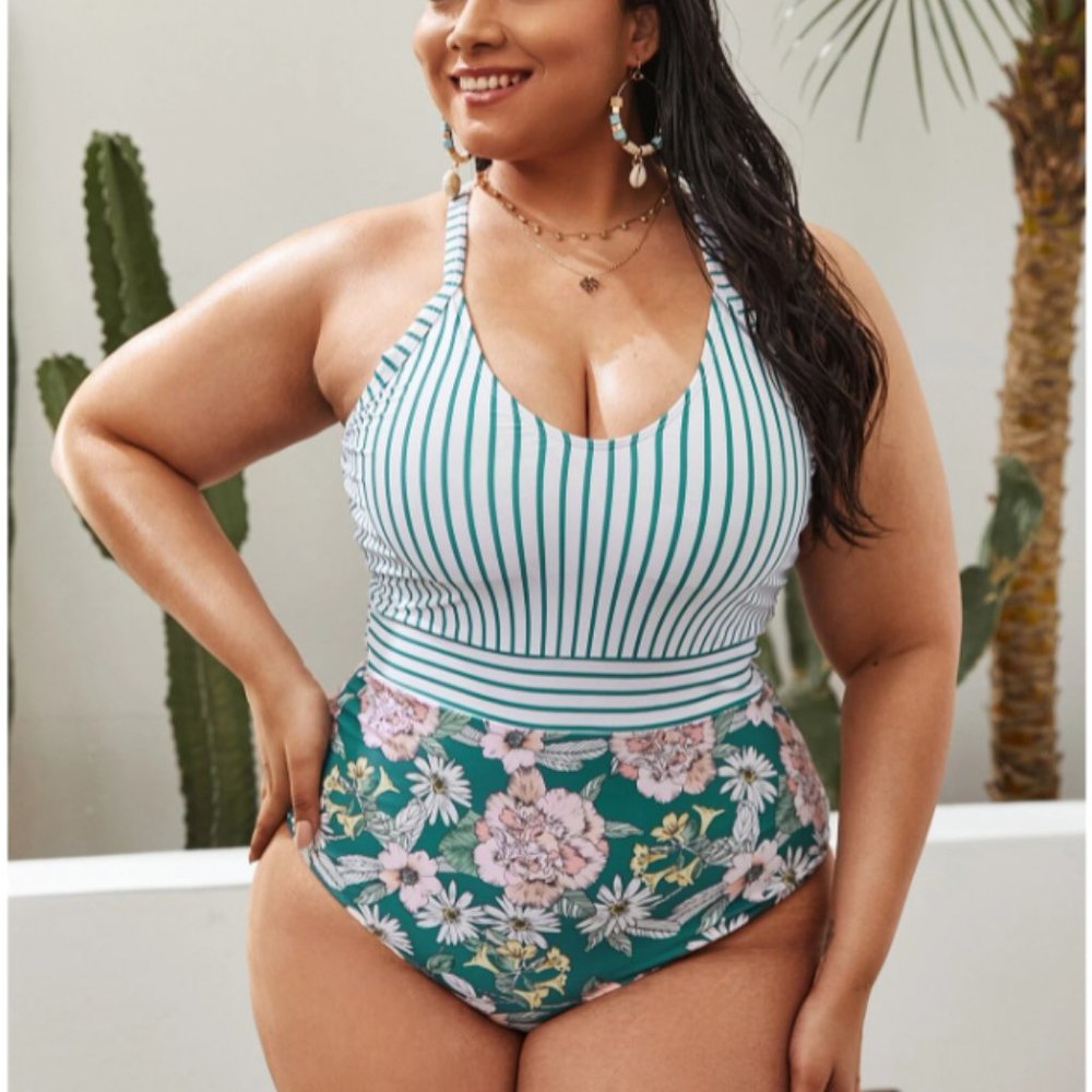 Floral & Striped One Piece Swimsuit